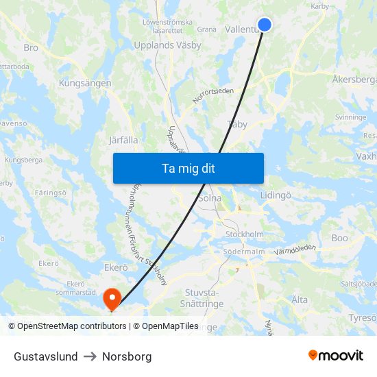 Gustavslund to Norsborg map