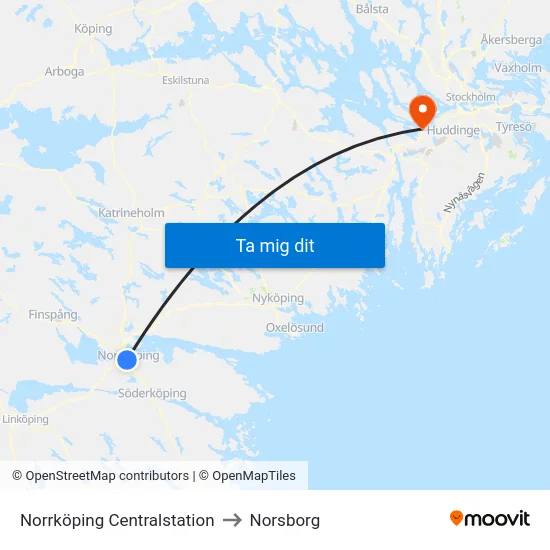 Norrköping Centralstation to Norsborg map