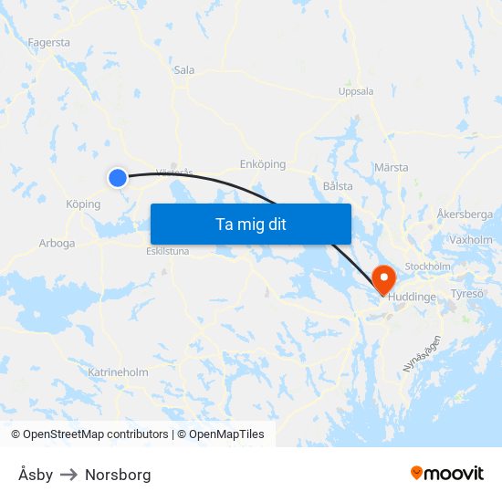 Åsby to Norsborg map