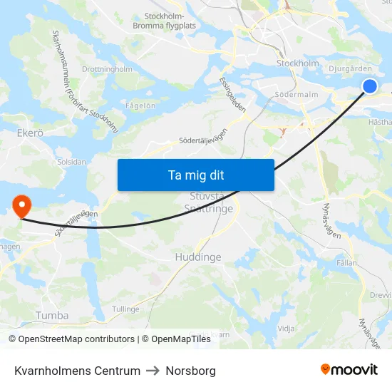 Kvarnholmens Centrum to Norsborg map