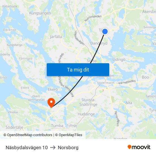 Näsbydalsvägen 10 to Norsborg map