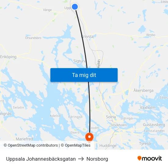 Uppsala Johannesbäcksgatan to Norsborg map