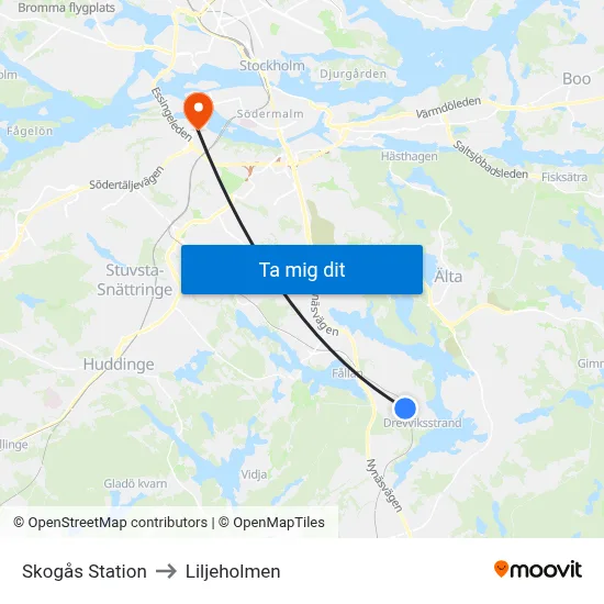 Skogås Station to Liljeholmen map
