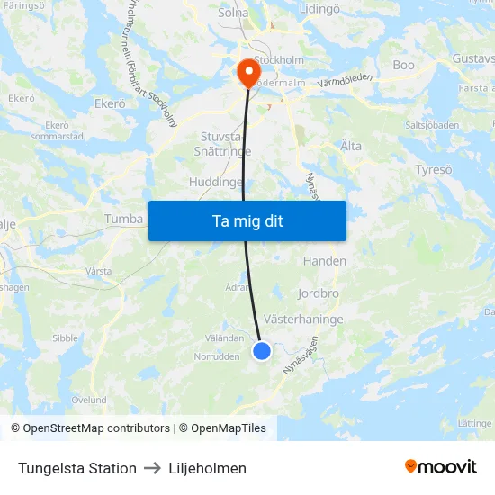 Tungelsta Station to Liljeholmen map