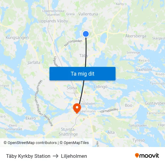 Täby Kyrkby Station to Liljeholmen map