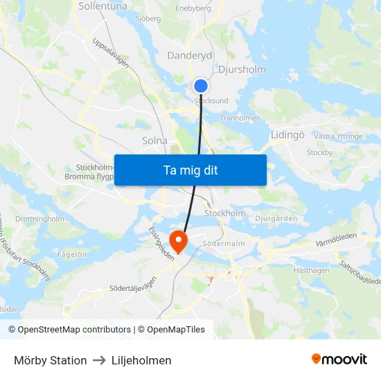 Mörby Station to Liljeholmen map