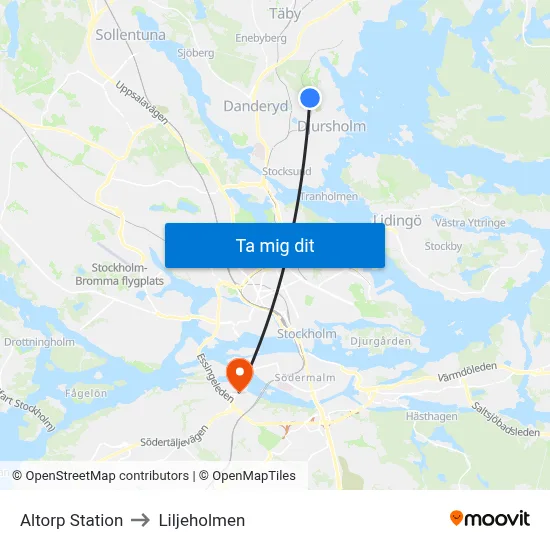 Altorp Station to Liljeholmen map