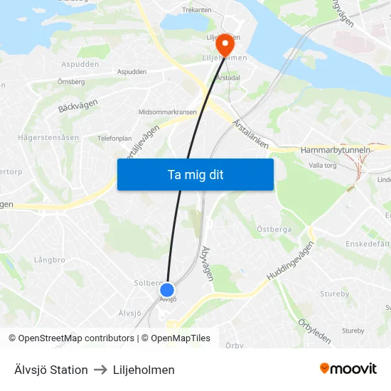 Älvsjö Station to Liljeholmen map