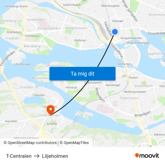 T-Centralen to Liljeholmen map