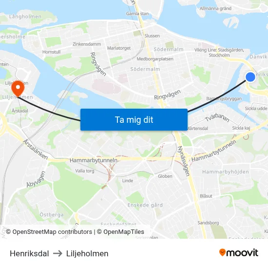 Henriksdal to Liljeholmen map