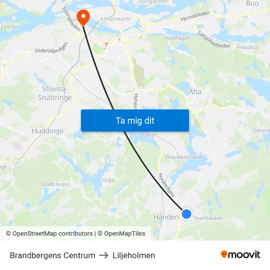 Brandbergens Centrum to Liljeholmen map