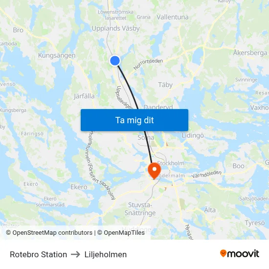 Rotebro Station to Liljeholmen map