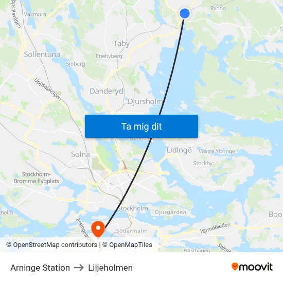 Arninge Station to Liljeholmen map