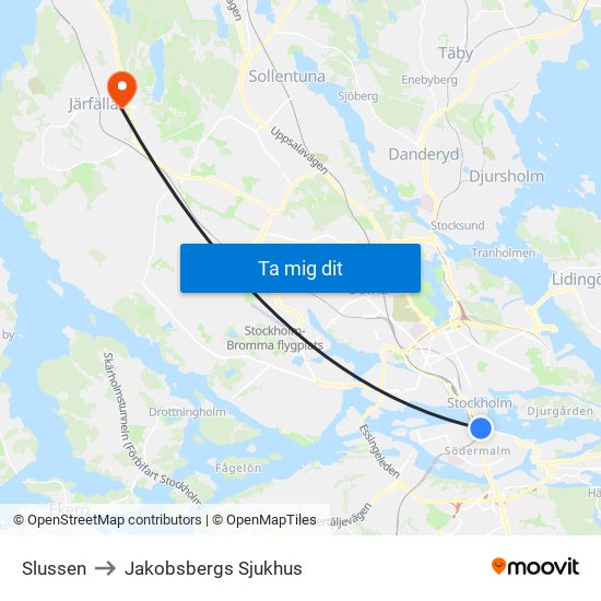 Slussen to Jakobsbergs Sjukhus map