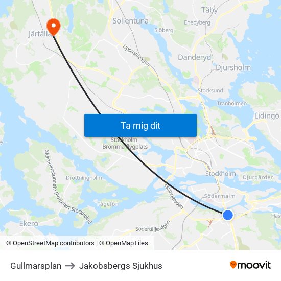 Gullmarsplan to Jakobsbergs Sjukhus map