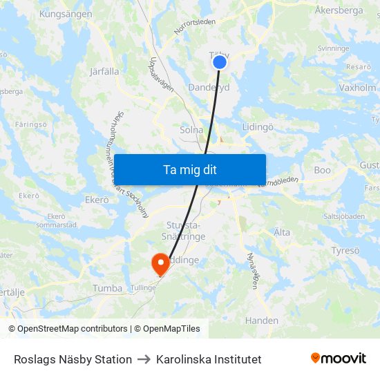 Roslags Näsby Station to Karolinska Institutet map