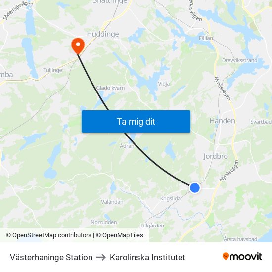 Västerhaninge Station to Karolinska Institutet map