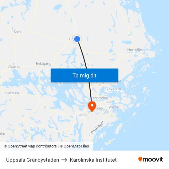 Uppsala Gränbystaden to Karolinska Institutet map