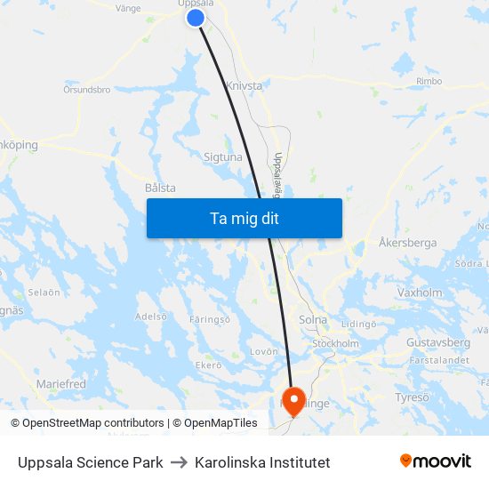 Uppsala Science Park to Karolinska Institutet map