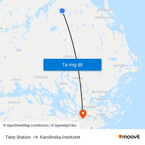 Tierp Station to Karolinska Institutet map