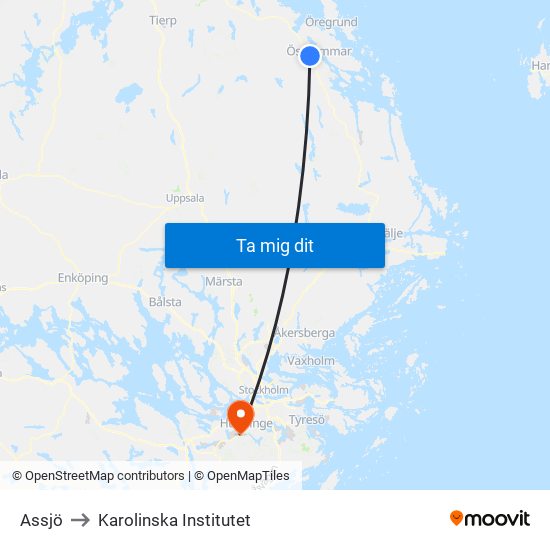 Assjö to Karolinska Institutet map