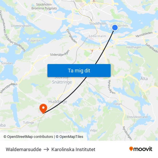 Waldemarsudde to Karolinska Institutet map