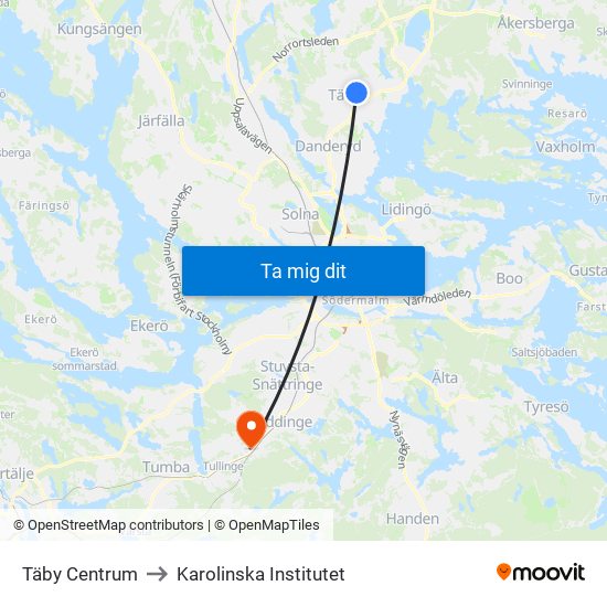 Täby Centrum to Karolinska Institutet map