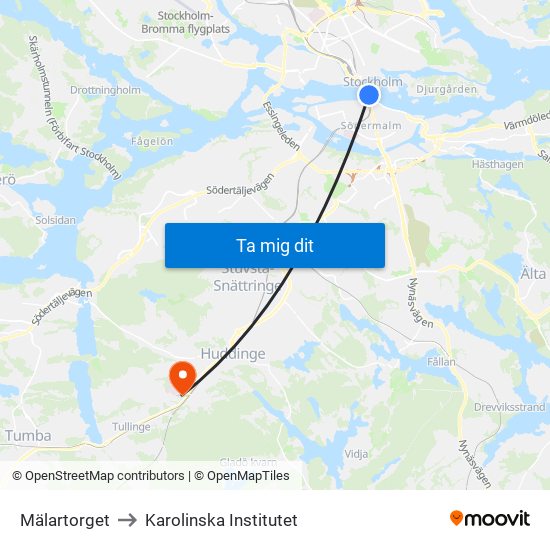 Mälartorget to Karolinska Institutet map