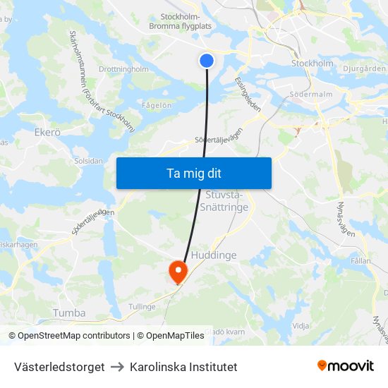 Västerledstorget to Karolinska Institutet map