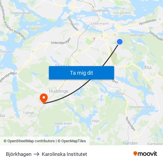 Björkhagen to Karolinska Institutet map