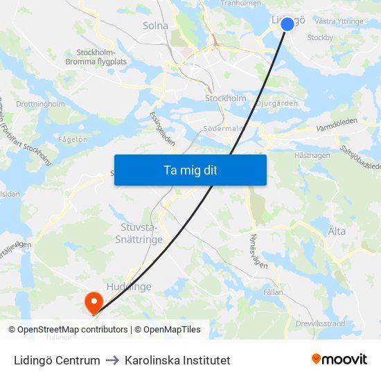 Lidingö Centrum to Karolinska Institutet map