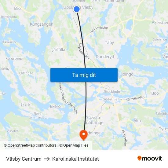 Väsby Centrum to Karolinska Institutet map