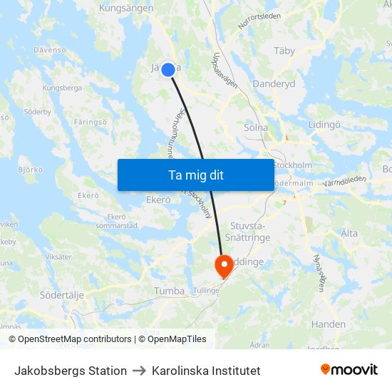 Jakobsbergs Station to Karolinska Institutet map