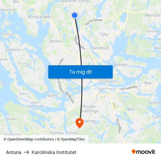 Antuna to Karolinska Institutet map