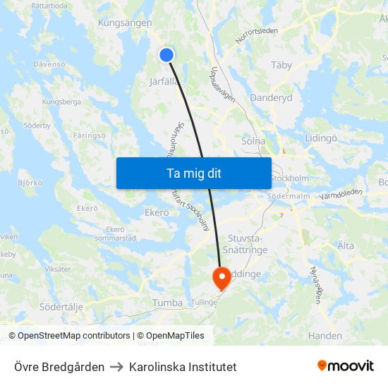 Övre Bredgården to Karolinska Institutet map