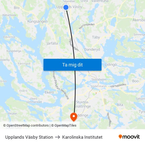 Upplands Väsby Station to Karolinska Institutet map