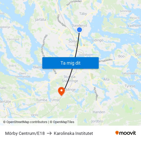 Mörby Centrum/E18 to Karolinska Institutet map