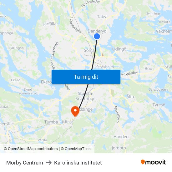 Mörby Centrum to Karolinska Institutet map