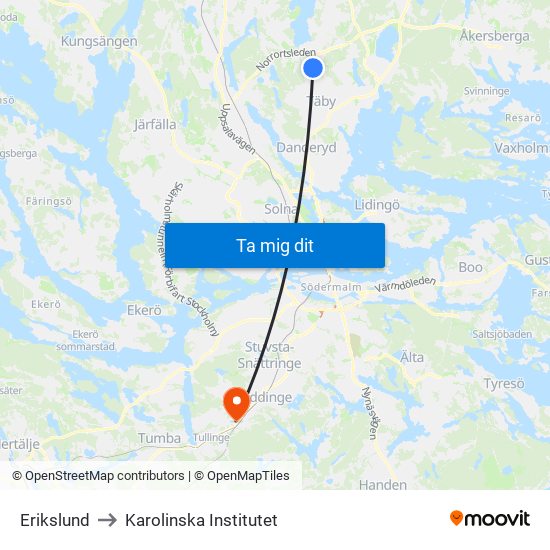 Erikslund to Karolinska Institutet map