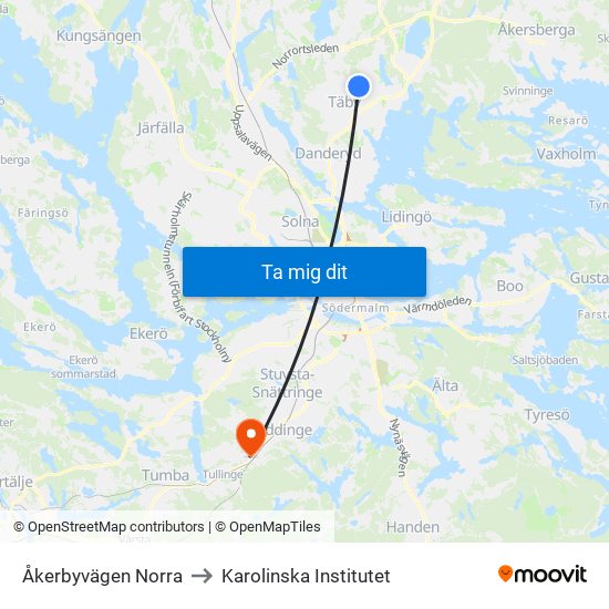 Åkerbyvägen Norra to Karolinska Institutet map