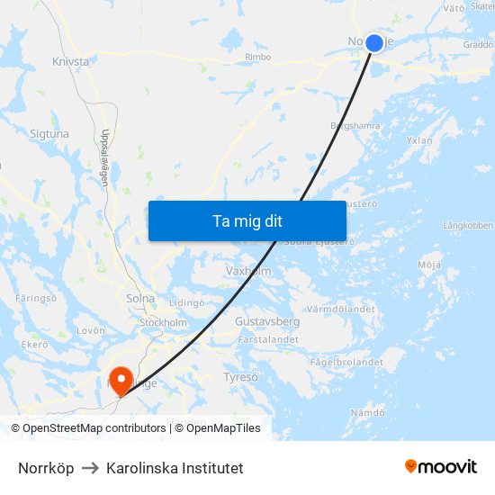 Norrköp to Karolinska Institutet map