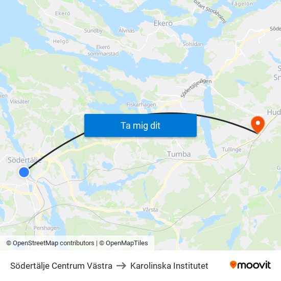 Södertälje Centrum Västra to Karolinska Institutet map