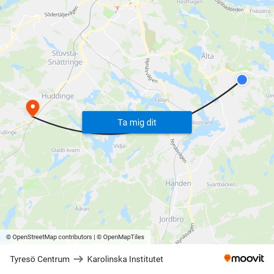Tyresö Centrum to Karolinska Institutet map