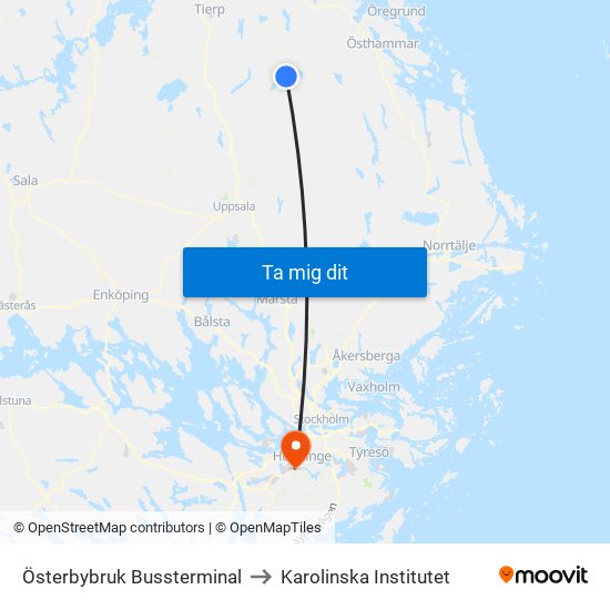 Österbybruk Bussterminal to Karolinska Institutet map