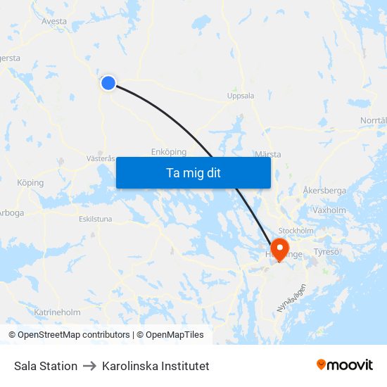 Sala Station to Karolinska Institutet map