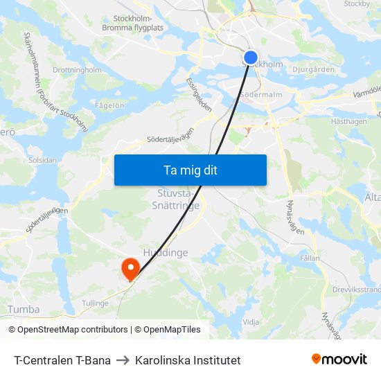 T-Centralen T-Bana to Karolinska Institutet map