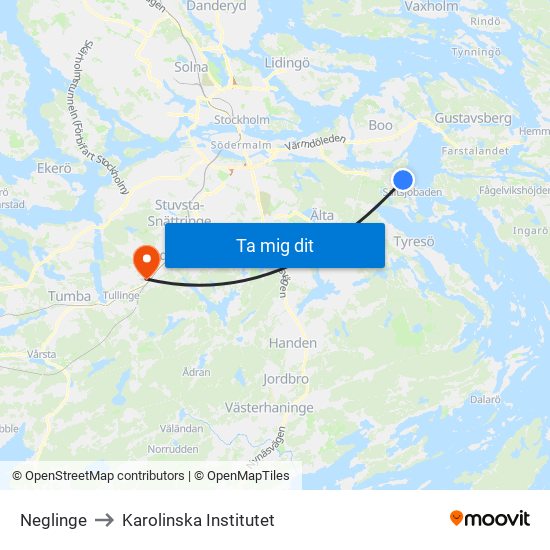 Neglinge to Karolinska Institutet map