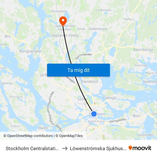 Stockholm Centralstation to Löwenströmska Sjukhuset map