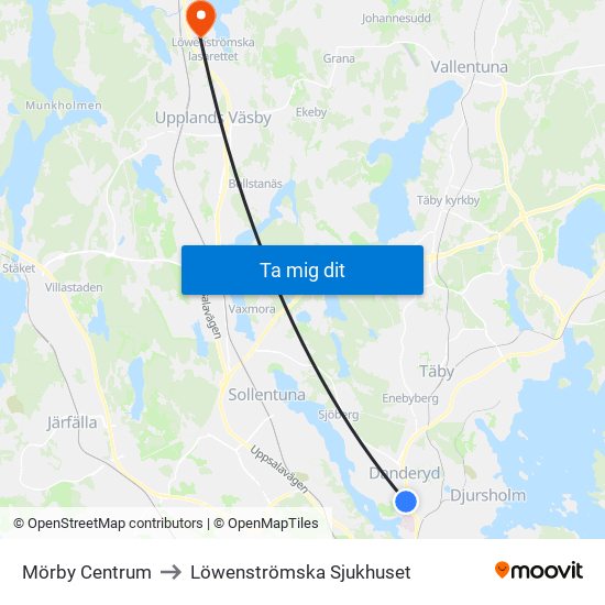 Mörby Centrum to Löwenströmska Sjukhuset map