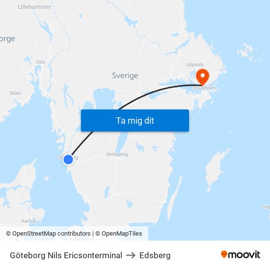 Göteborg Nils Ericsonterminal to Edsberg map